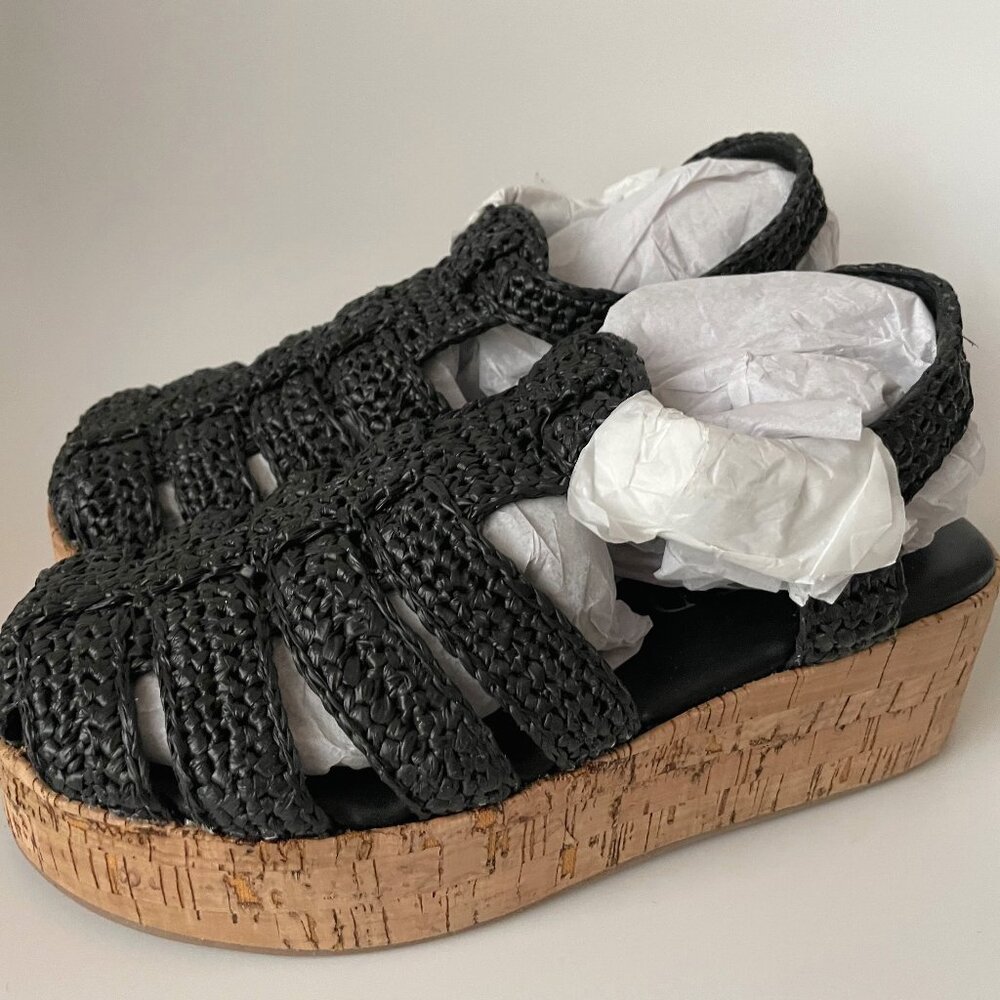 Anthropologie Silent D Fisherman Cork-Bottom Platform Flats in Black Raffia NIB